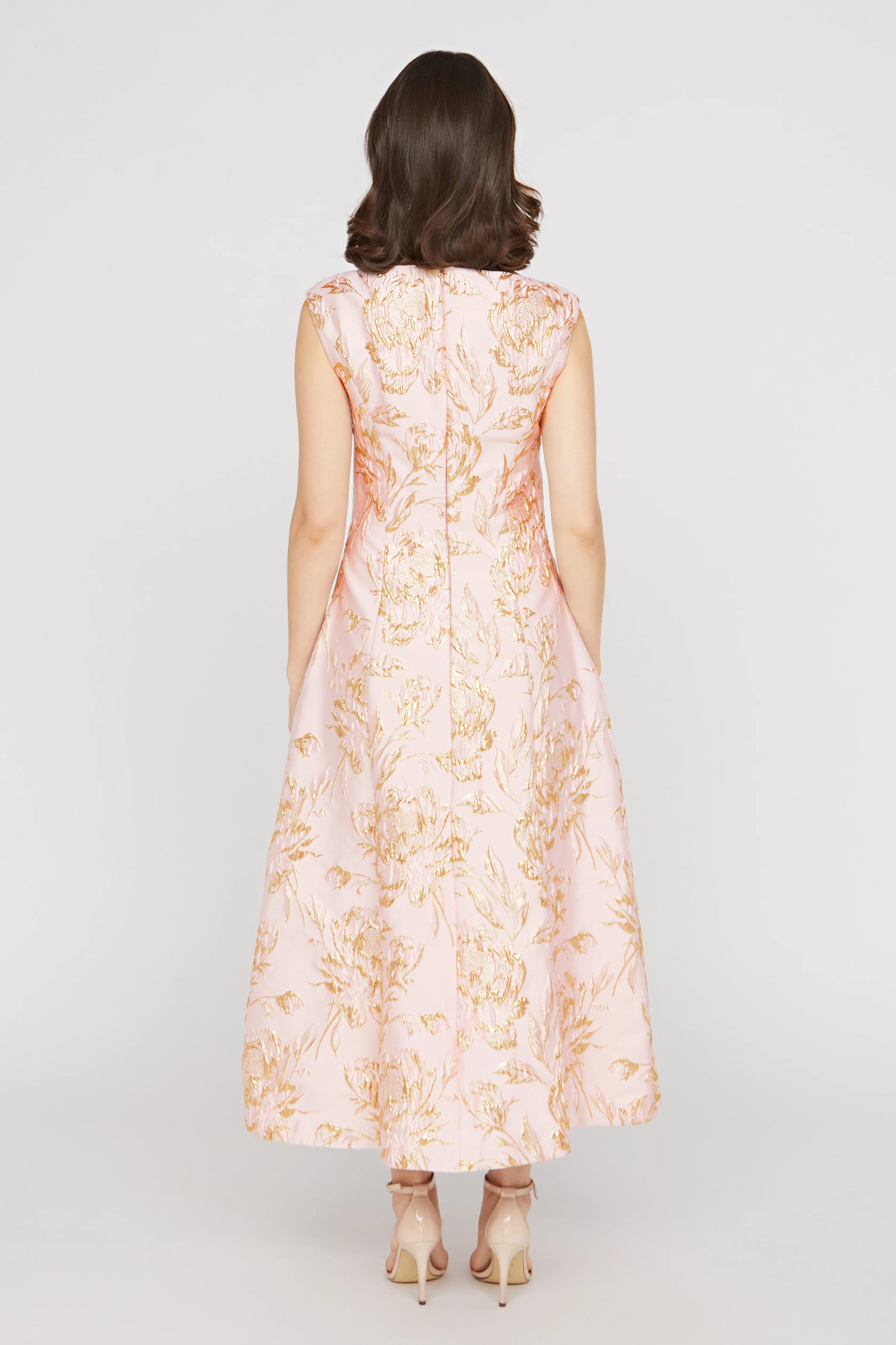 Elegant A-Line V-Neck Sleeveless Gold Floral Jacquard Midi Cocktail Wedding Guest Dress