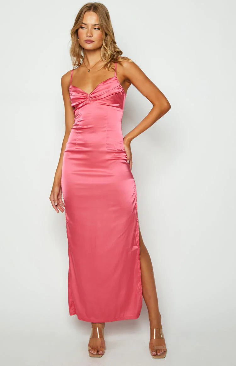 Glamorous Sheath Elegant Spaghetti Strap Ruched Maxi Gown Satin Wedding Guest Dress
