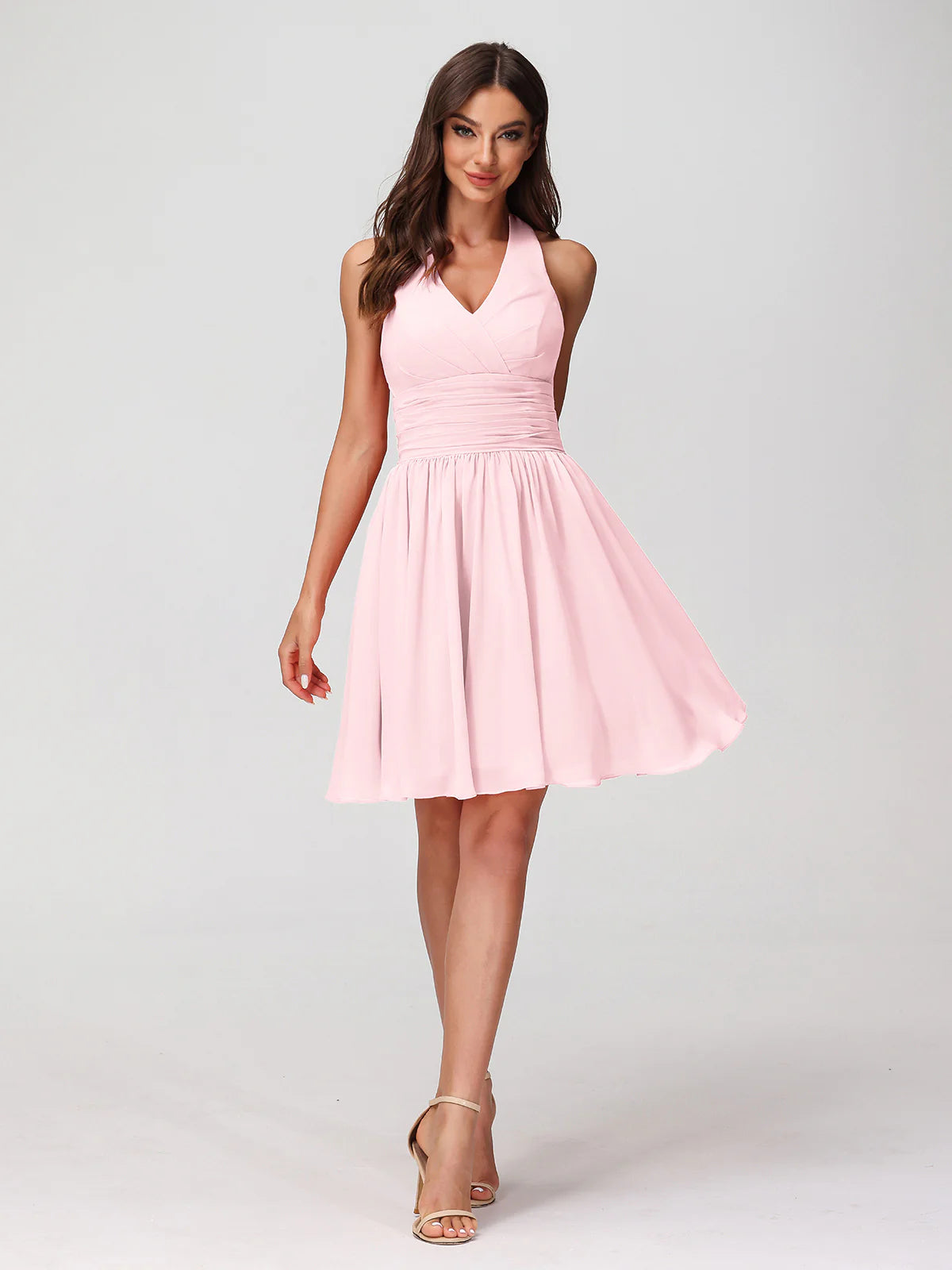 Halter Neck V-Bust Ruched Waist Chiffon A-Line Mini Bridesmaid Dress