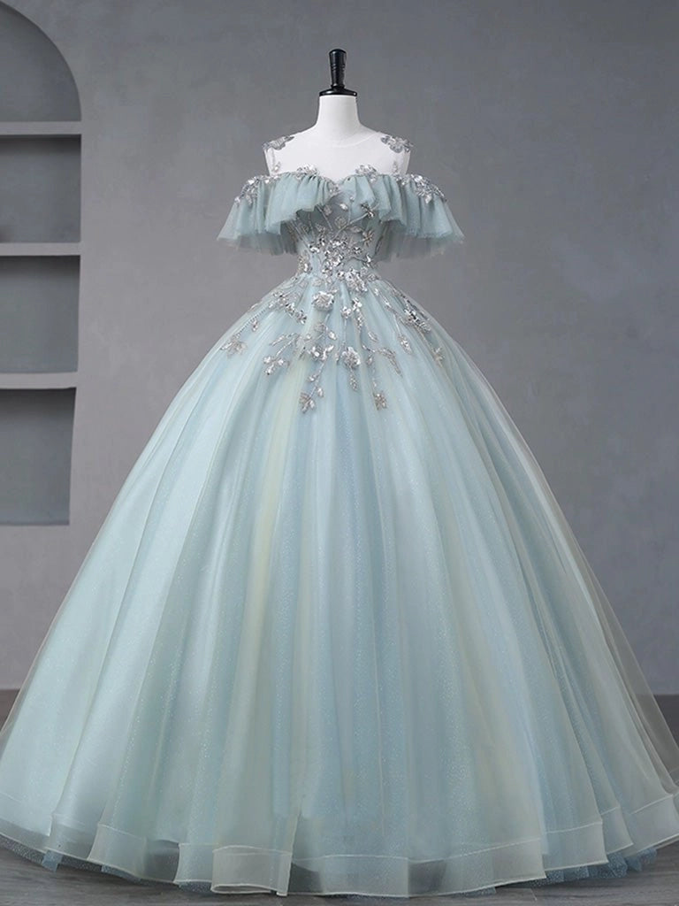 Vedress baby blue off the shoulder quinceañera ball gown with ruffle sleeves and silver floral appliqués front view
