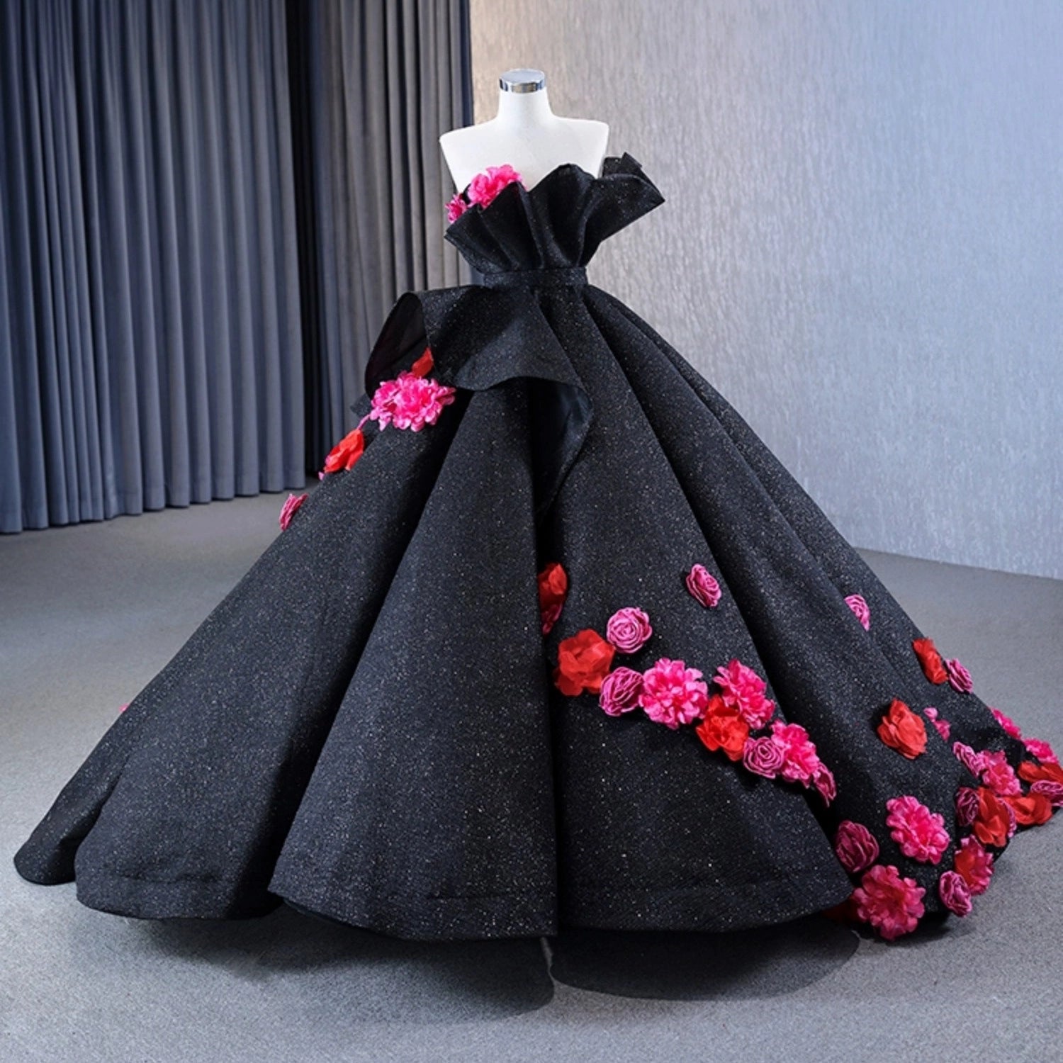 Vedress bold black glitter strapless ball gown quinceanera prom dress front view with big bow and handmade fuchsia red 3D flowers