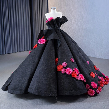 Vedress bold black glitter strapless ball gown quinceanera prom dress front view with big bow and handmade fuchsia red 3D flowers