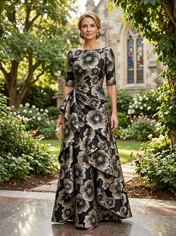 Vedress black gold jacquard floral boat neck elbow sleeve wedding mother gown front view