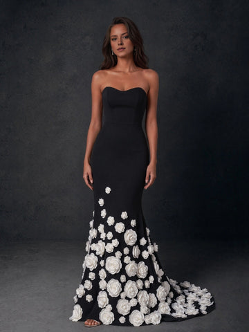 Vedress black mermaid evening dress with a strapless sweetheart neckline and white 3D flowers along the flared skirt.