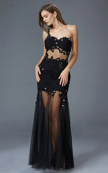 Front view of a black one-shoulder prom dress with a sweetheart neckline, sheer waist and floor-length sheer skirt