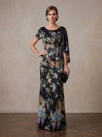 Vedress black vintage peacock floral print satin boat neck asymmetric cape sleeve sheath mother of bride gown front view floor length