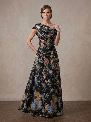 Vedress black vintage peacock floral print satin off shoulder sleeveless A-line mother of bride gown front view floor length
