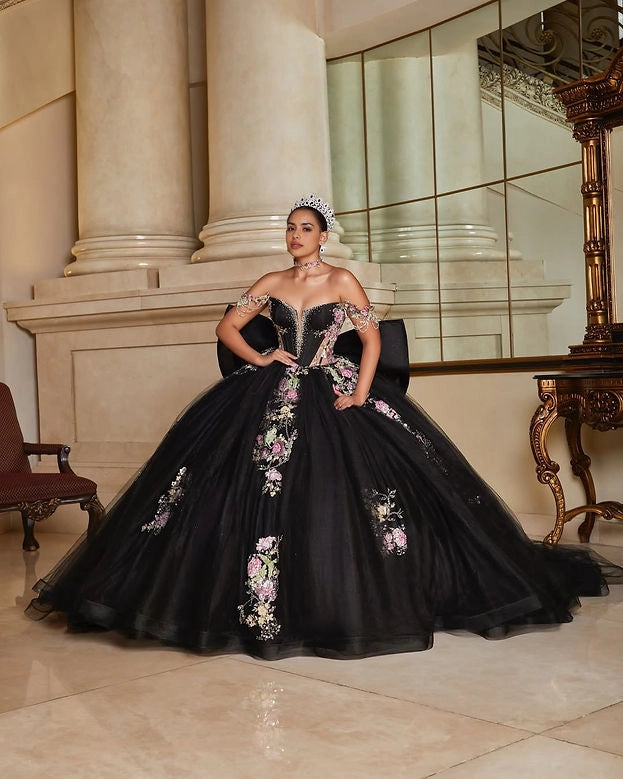 Front view Vedress black quinceañera dress off shoulder ball gown with colorful 3D floral appliques