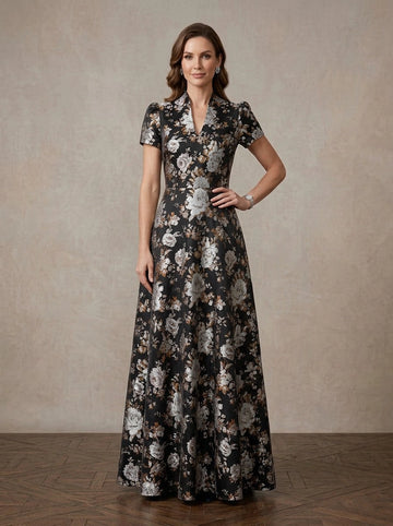 Vedress black silver gold floral jacquard stand collar a-line wedding guest gown front view
