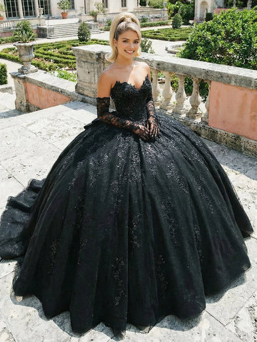 Vedress black quinceanera ball gown strapless sweetheart neckline lace sequin appliques detachable long lace sleeves glitter tulle front view