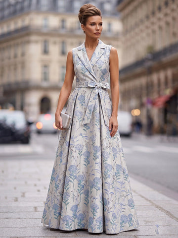 Vedress blue floral jacquard lapel sleeveless A-line mother of bride dress front view