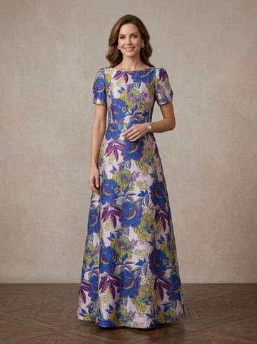 Vedress blue purple yellow floral jacquard boat neck puff sleeve A-line mother of bride gown front view floor length