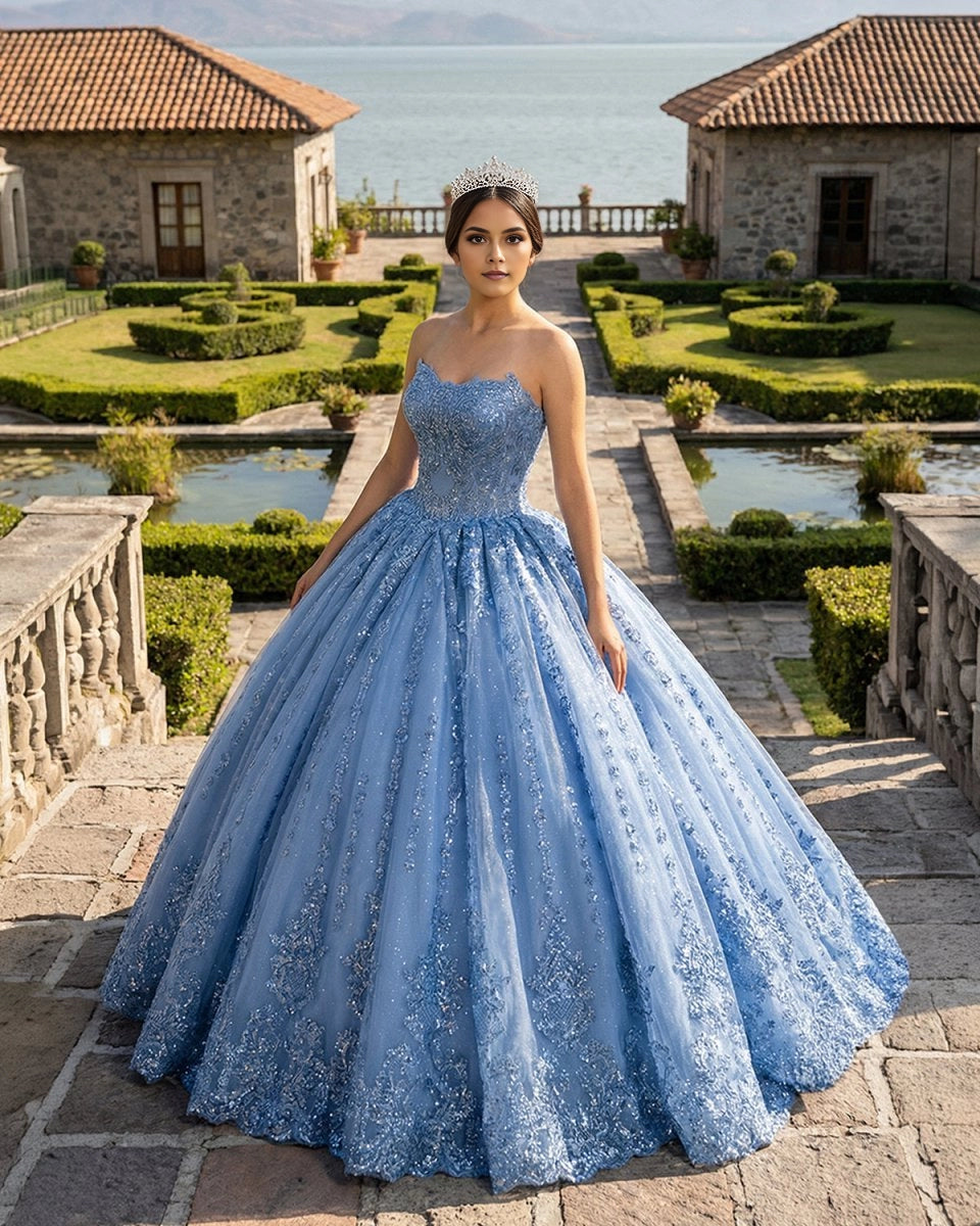 Vedress blue strapless quinceañera ball gown with sequin lace appliqués front view