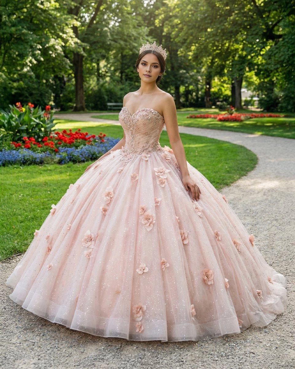 Vedress blush glitter tulle quinceañera dress front view, strapless sweetheart ball gown with 3D floral appliques and beaded bodice