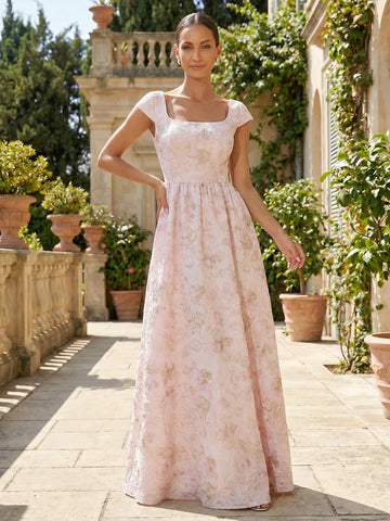Vedress blush floral jacquard a-line mother of bride gown square neck cap sleeve front view