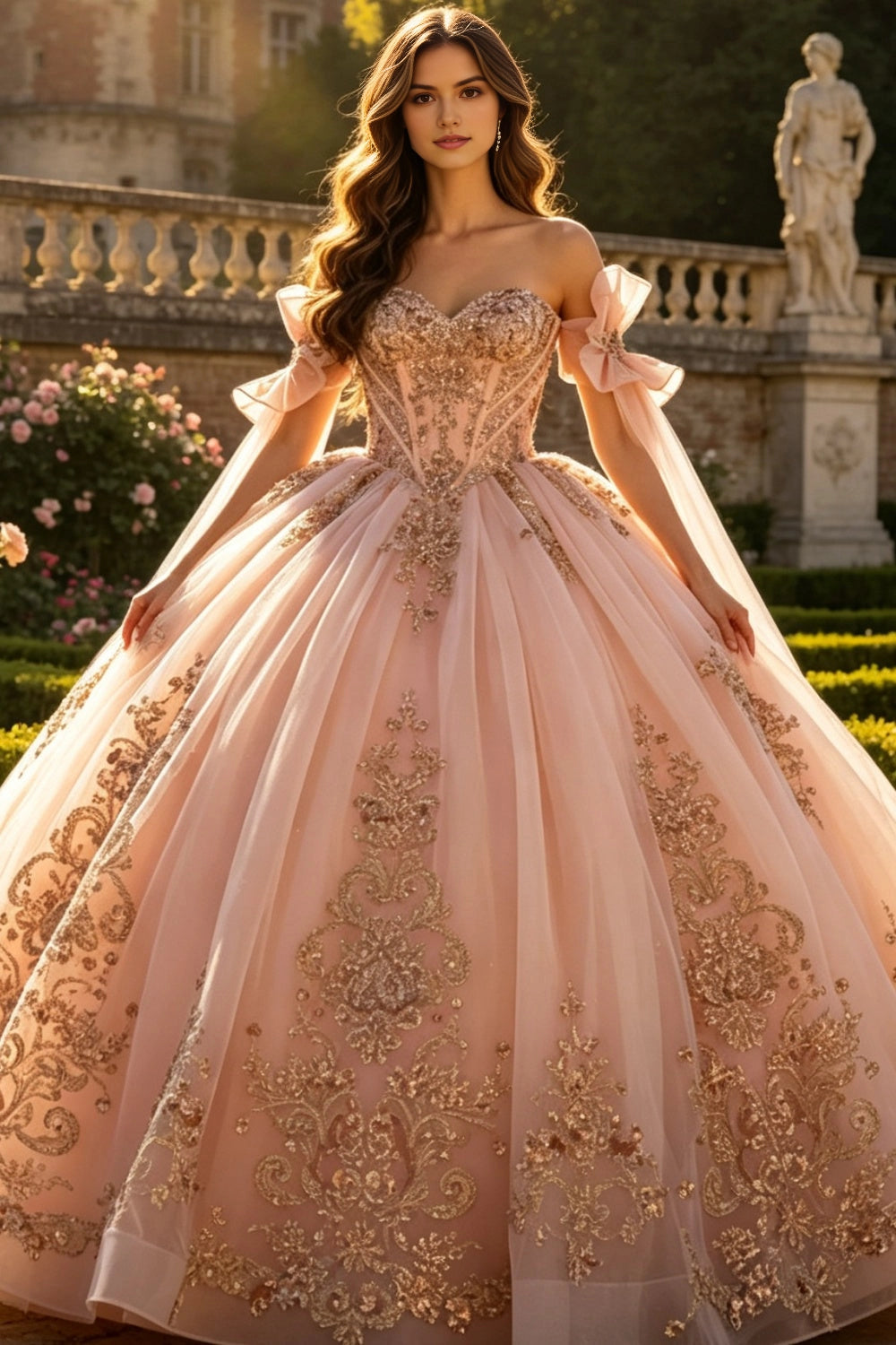 Vedress luxury blush pink ball gown quinceanera prom dress front view with gold sequin embroidery, detachable tulle bow sleeves
