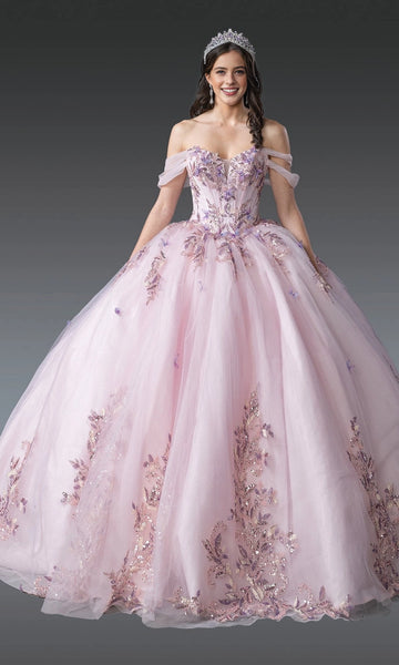Vedress romantic blush pink off-the-shoulder ball gown quinceanera prom dress front view with 3D butterfly floral appliques glitter tulle
