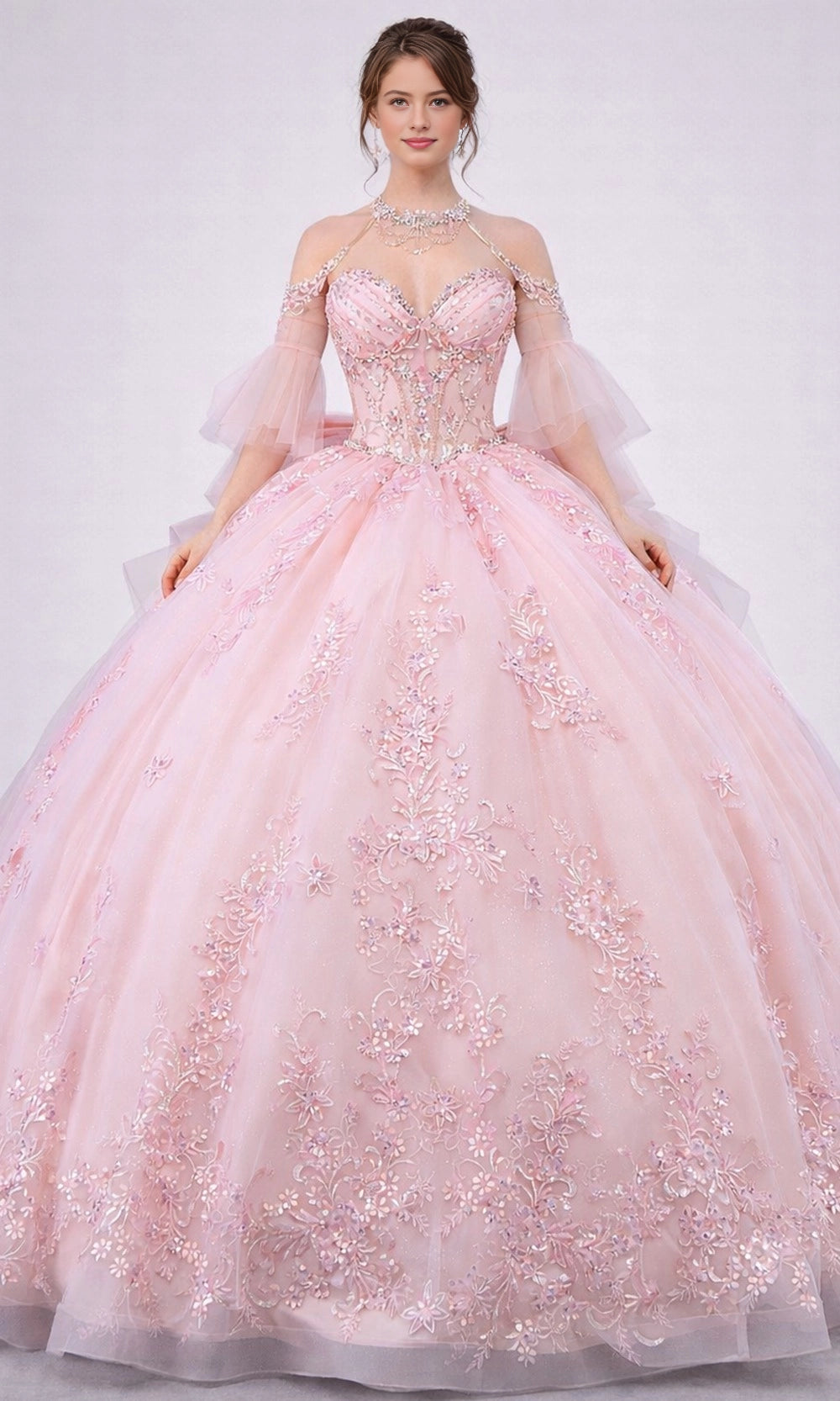 Vedress dreamy blush pink off‑shoulder quinceanera ball gown 3D floral applique flutter sleeve prom dress front view