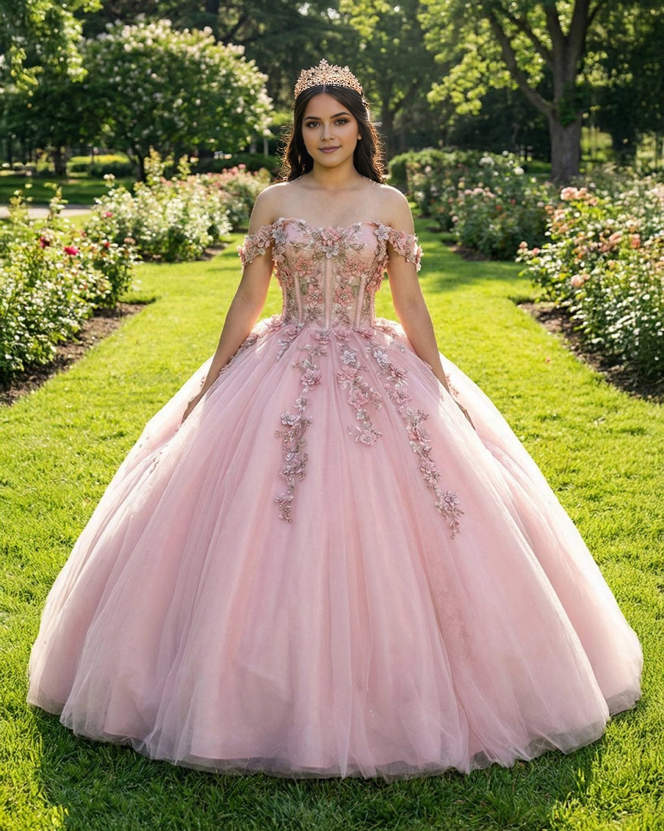 Vedress blush pink tulle quinceañera dress front view, off shoulder sweetheart ball gown with handmade 3D pink floral appliques and short ruffle sleeves