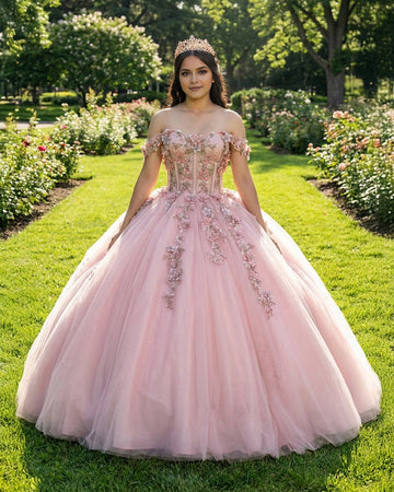 Vedress blush pink tulle quinceañera dress front view, off shoulder sweetheart ball gown with handmade 3D pink floral appliques and short ruffle sleeves