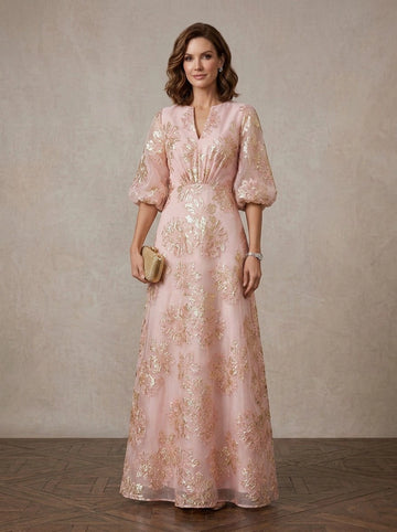 Vedress blush pink gold metallic floral brocade split V neck elbow puff sleeve A-line mother of bride gown front view floor length