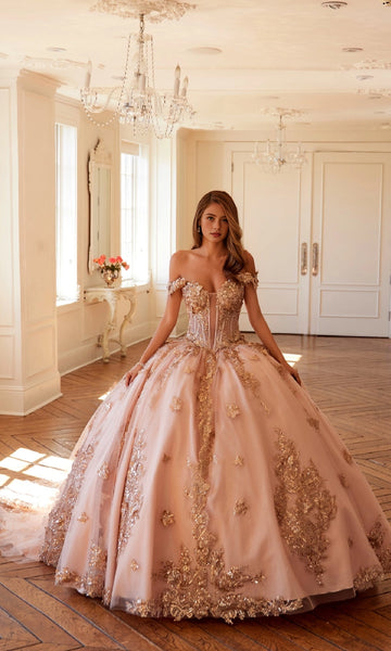 Vedress elegant blush pink off‑shoulder quinceanera ball gown gold sequin lace applique 3D butterfly glitter tulle prom dress front view