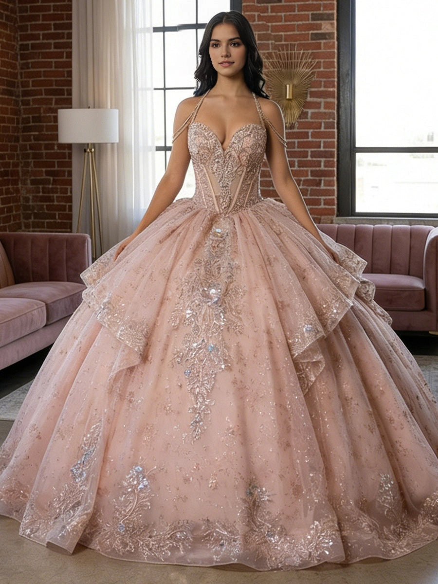 Vedress blush pink halter chain strap quinceanera ball gown sweetheart sequin lace glitter tulle prom dress front view