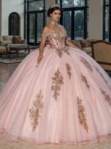 Vedress blush pink off shoulder quinceanera ball gown sweetheart gold baroque embroidery glitter tulle prom dress front view