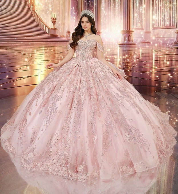 Vedress blush pink ball gown quinceañera dress off shoulder sweetheart neckline sparkling lace applique tulle skirt front view