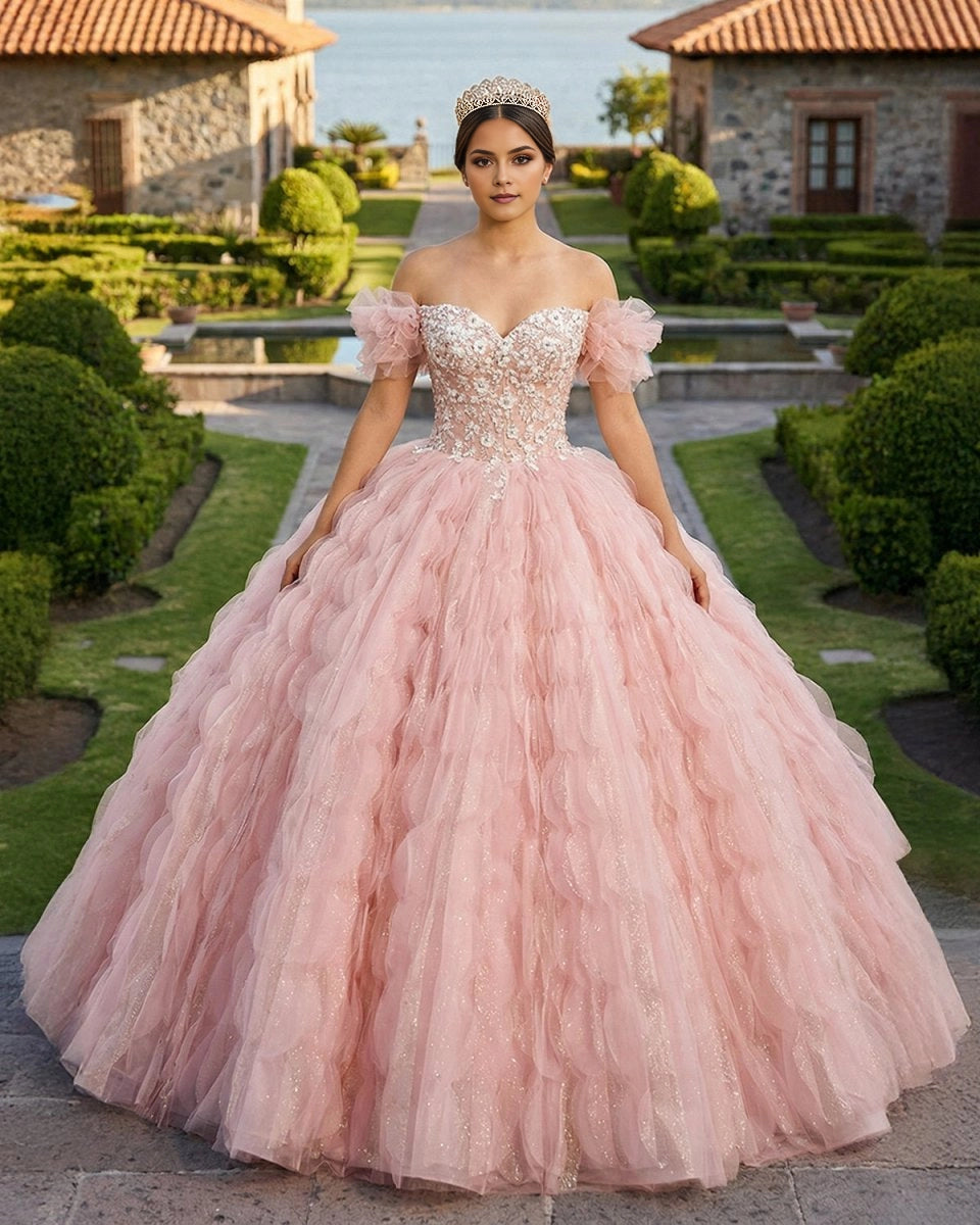 Vedress blush pink off shoulder quinceañera ball gown with ruffle tiered glitter tulle front view