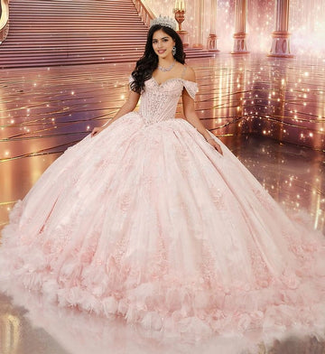 Vedress blush pink ball gown quinceañera dress off shoulder sweetheart neckline 3D floral applique ruffle tulle skirt front view