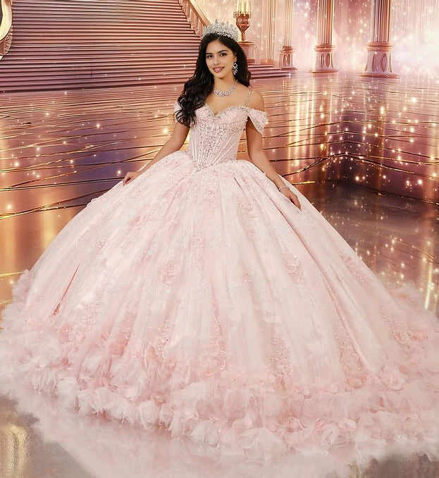 Vedress blush pink ball gown quinceañera dress off shoulder sweetheart neckline 3D floral applique ruffle tulle skirt front view