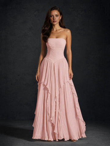Blush pink pleated A-line Prom Dress with strapless bodice and layered ruffle skirt front view
