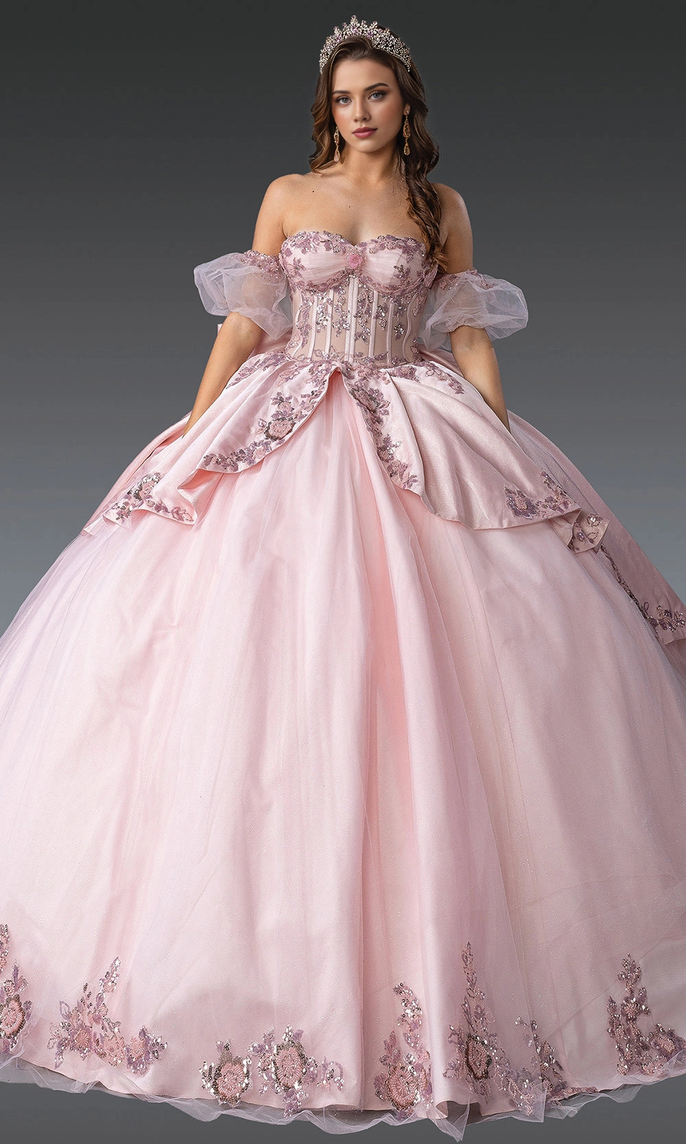 Vedress romantic blush pink off‑shoulder quinceanera ball gown tulle puff sleeve lace applique prom dress front view
