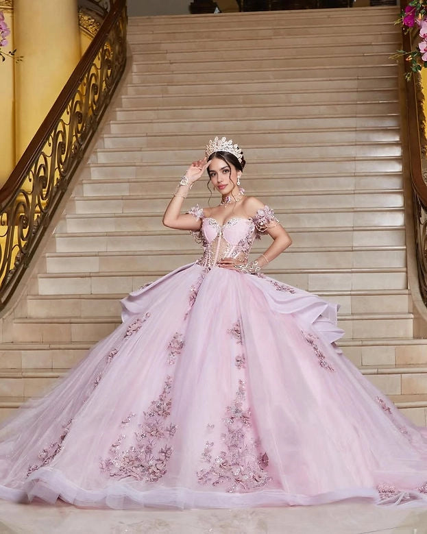 Front view Vedress blush pink quinceañera dress off shoulder ball gown with 3D floral appliques and ruffled skirt