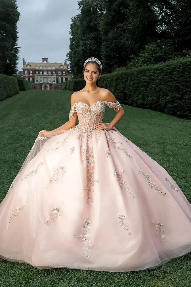 Front view Vedress blush pink quinceañera dress off shoulder sweetheart ball gown with silver beaded floral appliques