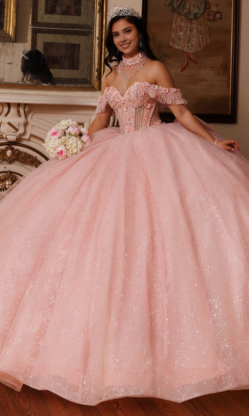 Vedress dreamy blush pink off‑shoulder quinceanera ball gown floral glitter tulle prom dress front view