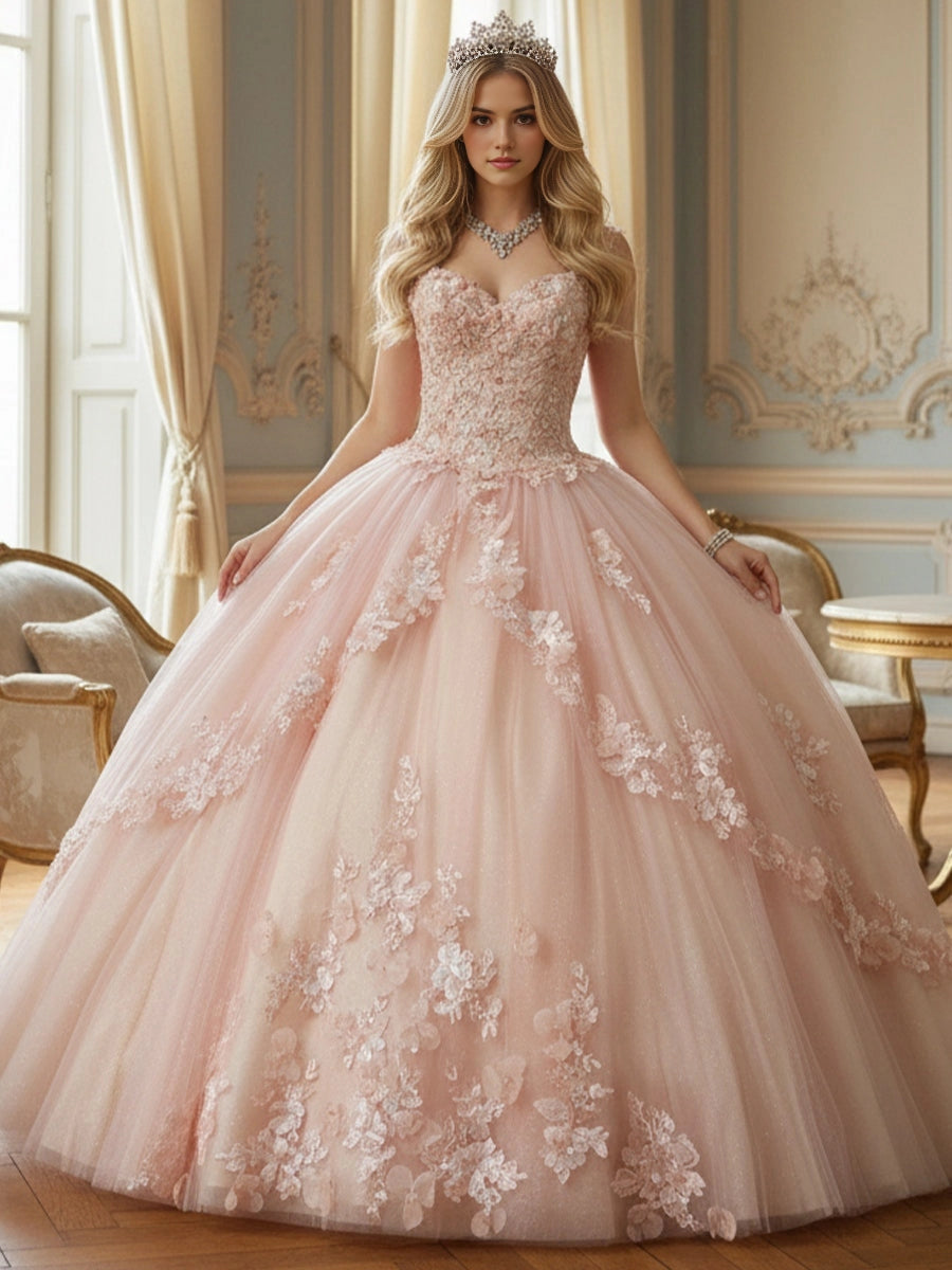 Vedress blush pink quinceanera ball gown spaghetti straps sweetheart bodice 3D white floral lace appliques glitter tulle front view