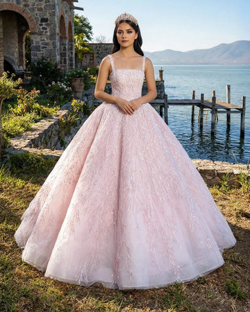Vedress blush pink square neck spaghetti strap quinceañera ball gown with glitter sequin embroidery front view