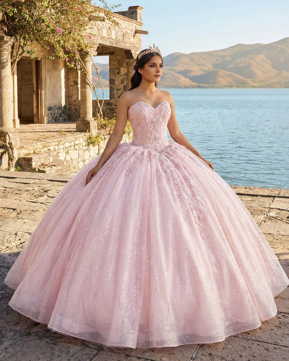 Vedress blush pink strapless sweetheart quinceañera ball gown glitter tulle lace appliques front view