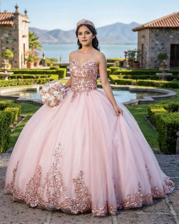 Vedress blush pink strapless quinceañera ball gown with rose gold sequin embroidery front view