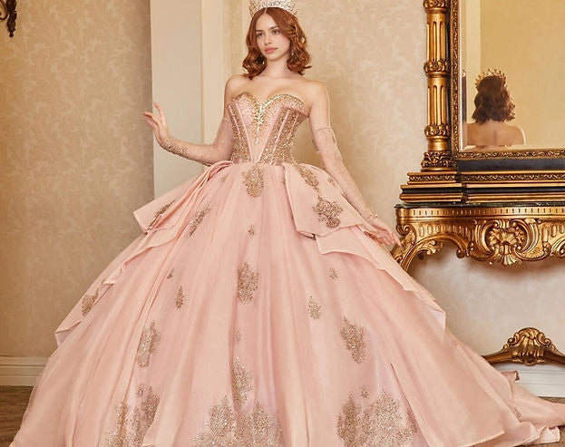 Vedress blush pink ball gown quinceañera dress sweetheart strapless neckline sheer long beaded sleeves gold glitter applique front view