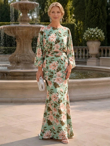 Vedress sage green floral boat neck long sleeve mermaid mother of bride gown front view floor length