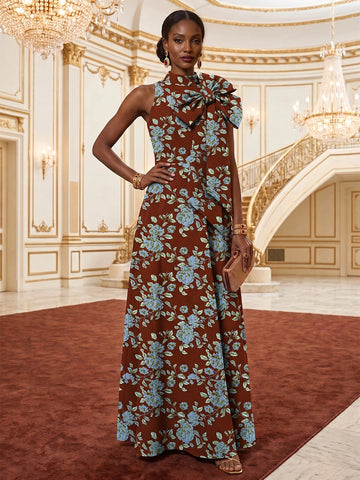 Vedress brown blue floral sleeveless large bow halter neck A-line floor length mother of bride gown front view