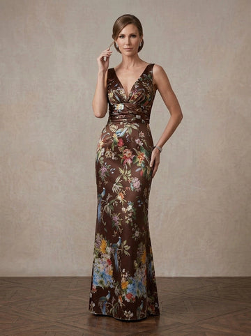 Vedress brown floral bird print satin v-neck mermaid mother of bride gown front view