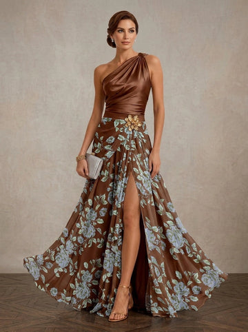 Vedress brown floral satin chiffon one shoulder a-line wedding guest gown front view