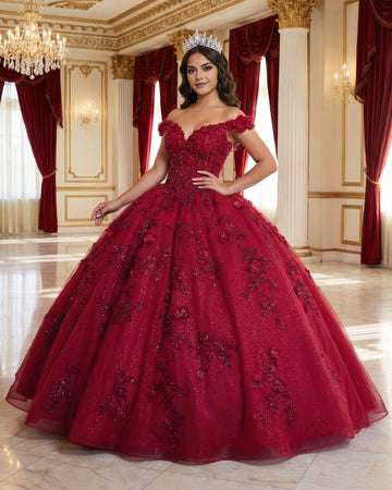 Vedress burgundy glitter quinceañera dress front view, off shoulder v-neck ball gown with 3D floral applique and beaded bodice