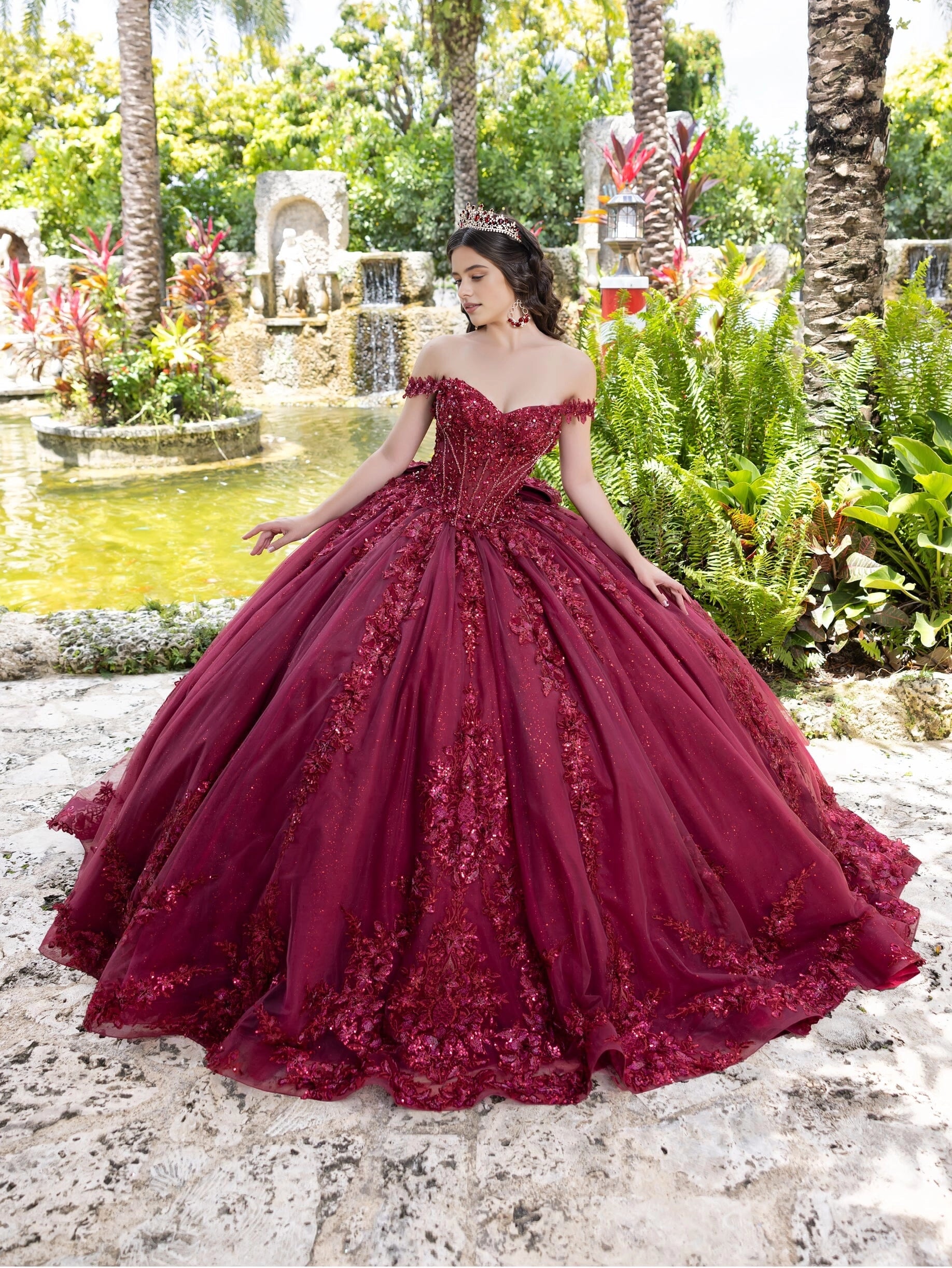 Vedress luxurious burgundy off‑shoulder quinceanera ball gown 3D floral sequin applique glitter tulle prom dress front view