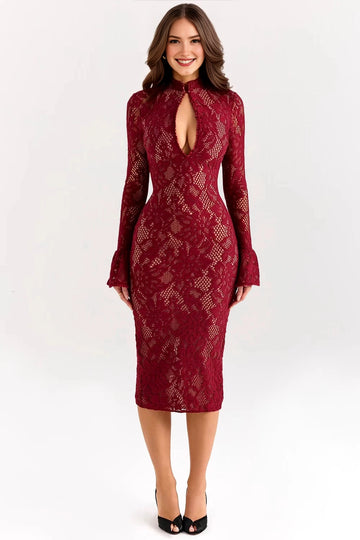 Front view of a burgundy lace midi wedding guest dress with a deep keyhole neckline and flared sleeve cuffs
