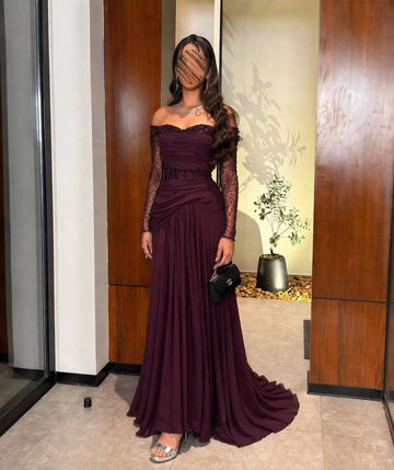 Burgundy Mermaid Off Shoulder Beaded Long Sleeve Chiffon Evening Dress